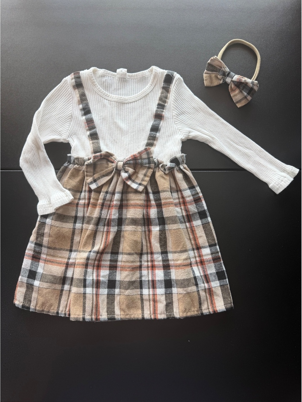 SHEIN Girls 2-3Y Plaid Suspender Dress White Ribbed Top Bow Headband Fall